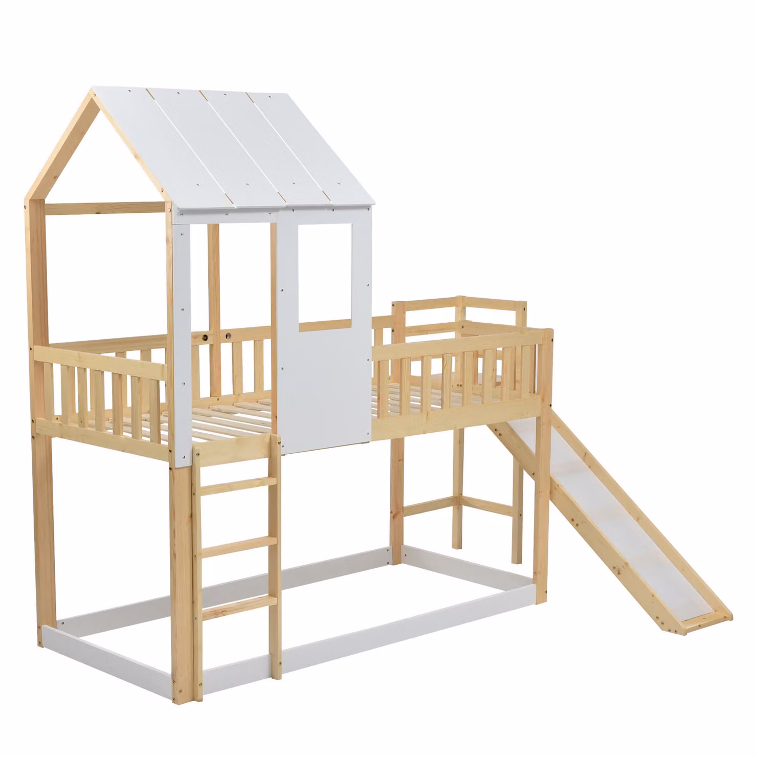 Letto a castello per bambini Aosom con struttura a casetta, scala e scivolo, legno massiccio naturale, L/P: 200 x 90 cm – 2