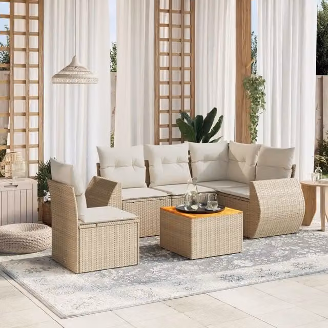 Set Divano da Giardino a L vidaXL in Polyrattan Beige con Cuscini e Tavolino da 6 Pezzi – 1
