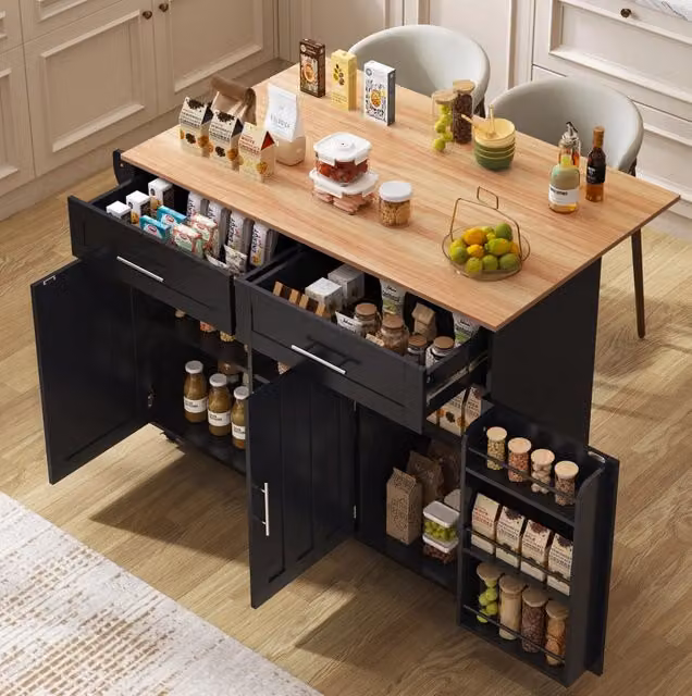 Carrello da cucina nero 129 x 46 x 91,5 cm con piano ribaltabile e ruote