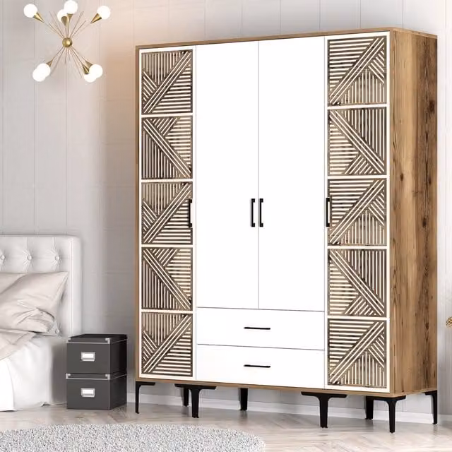 Armadio da camera da letto DMORA moderno con ante a battente e cassetti integrati, Bianco e Marrone, L: 160 cm, H: 201 cm – 1