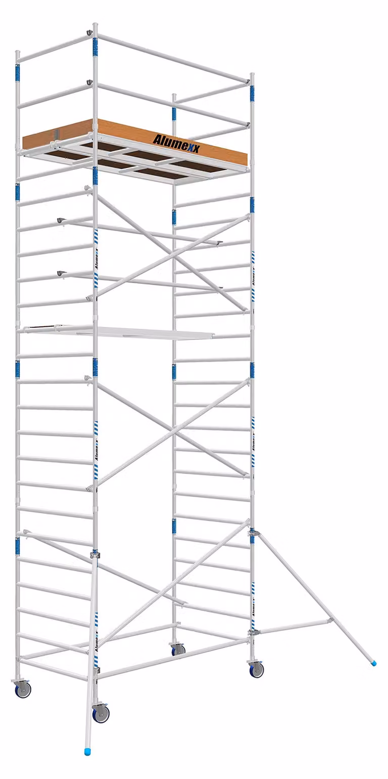 Piattaforma elevatrice mobile, larghezza 135 cm, altezza di lavoro 8,2 metri, struttura in alluminio, piattaforma in fibra di carbonio. Piattaforma elevatrice per lavori edili