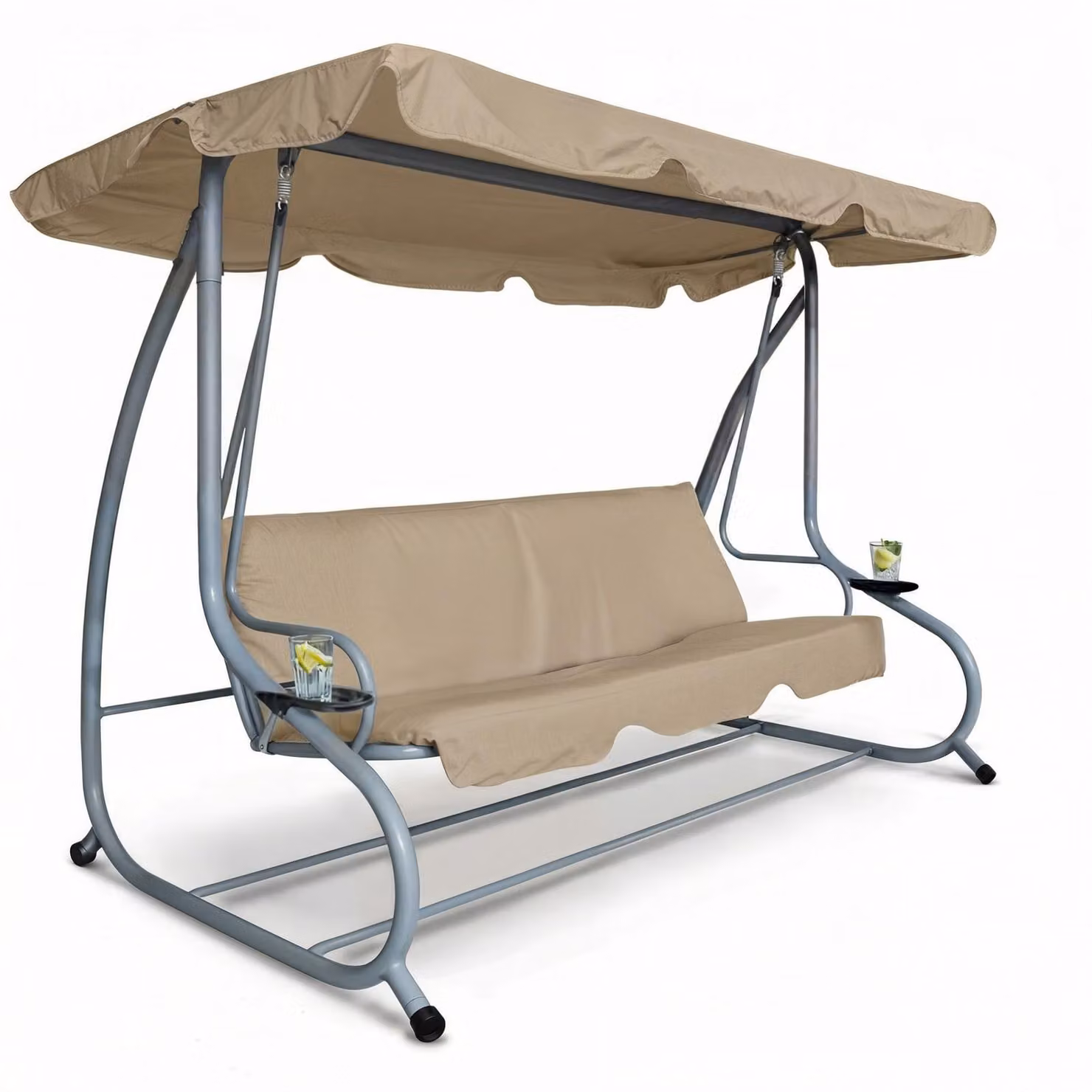 Altalena da giardino a 3 posti, beige scuro, con tettuccio parasole e portabevande - Lussuosa altalena da giardino in metallo - Resistente alle intemperie - 200 x 120 x 164 cm - Comoda altalena da giardino per esterni [11493A]
