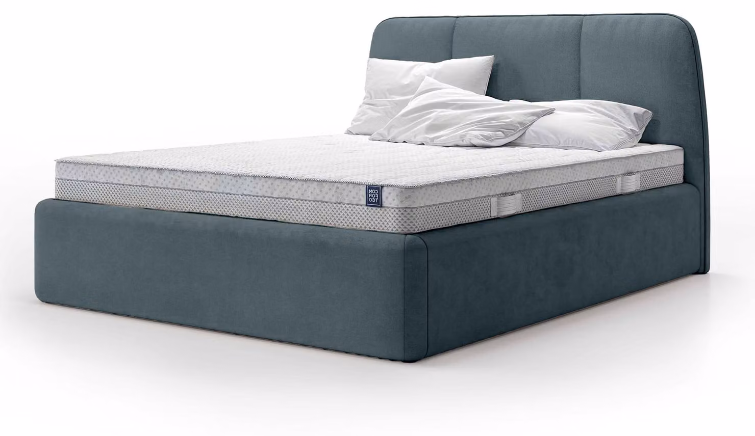 Letto imbottito con contenitore integrato, modello "Elle", colore "Stählernes Meer", dimensioni 140 x 200 cm