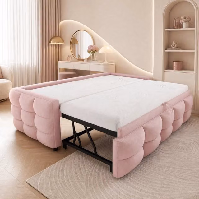 Letto estraibile combinato Beaok in tessuto rosa con struttura in metallo e MDF L/P/H: 90/180 x 190 cm