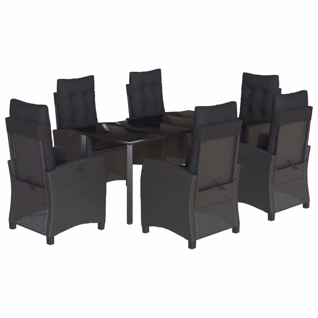 Set da Pranzo da Giardino 7 pz Nero con Cuscini in Polyrattan