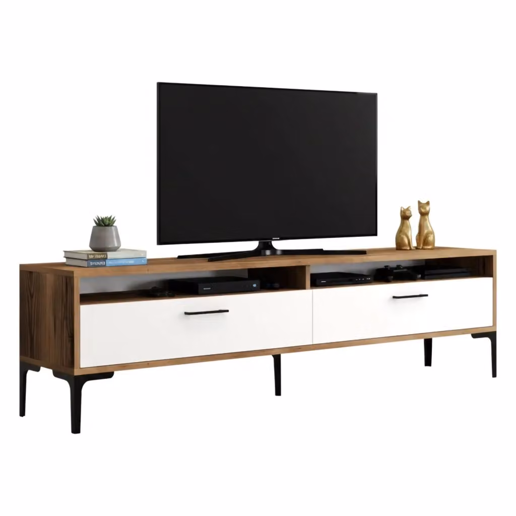 Mobile porta TV DMORA Angiari, Credenza da soggiorno moderna in legno, L: 180 cm, P: 47 cm, H: 35 cm, Noce e Bianco – 2