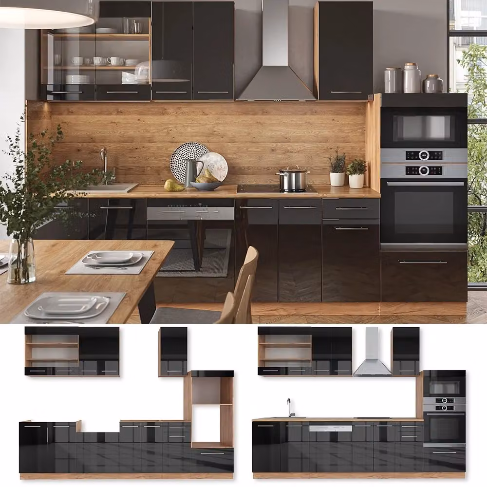 Cucina componibile moderna Vicco Fame-Line Antracite lucido e Rovere dorato, L: 300 cm, H: 201,8 cm, P: 60 cm – 2