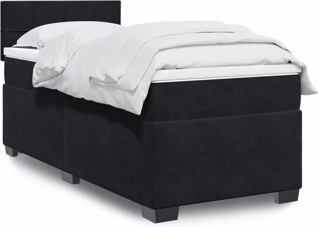 Letto moderno vidaXL con materasso ibrido e struttura in velluto nero e bianco, dotato di illuminazione sottostante e porta USB, L/P/H: 90 x 190 x 100,5 cm