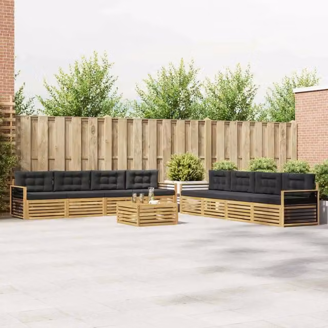 Set di mobili da giardino vidaXL composto da divano a 3 posti, poltrone e tavolino da caffè in legno di acacia con cuscini bianchi e antracite
