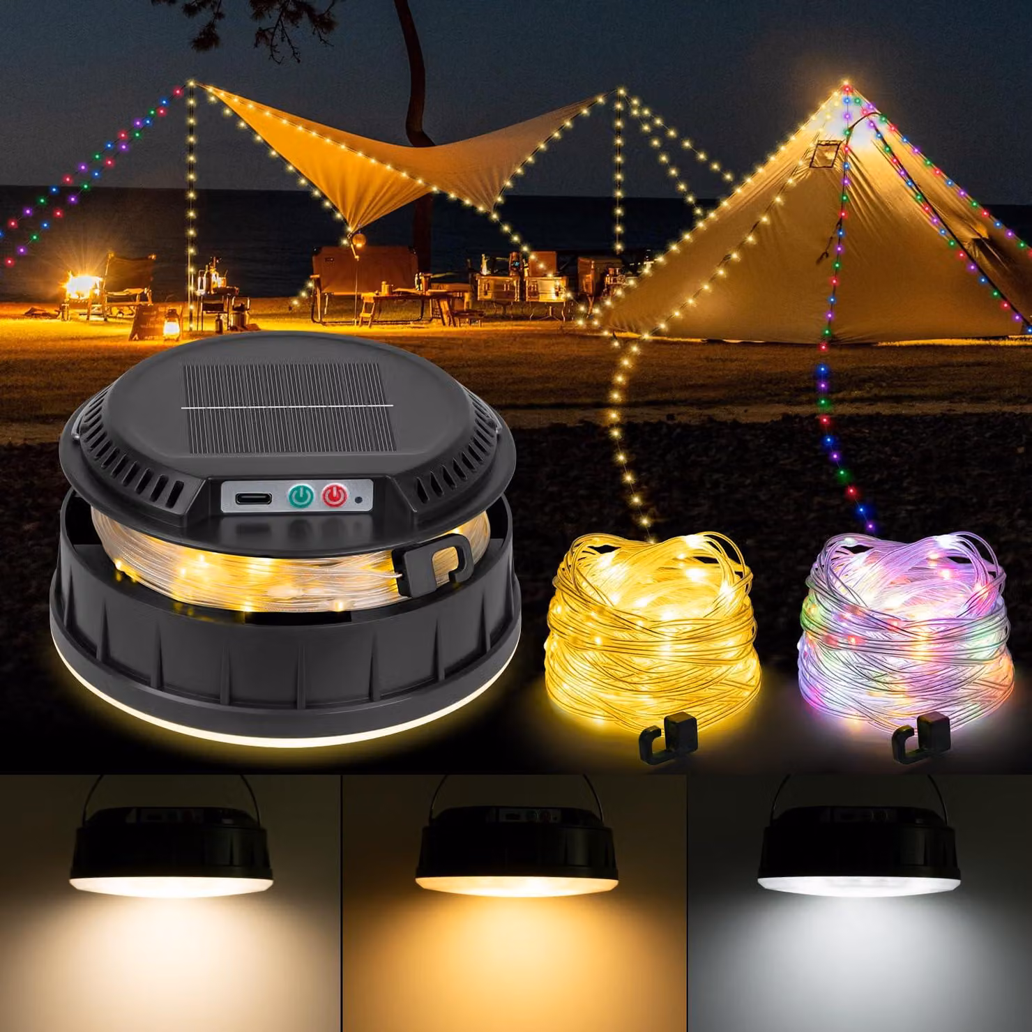 Catena luminosa da campeggio, 10 metri - 140 LED - A energia solare - 13 modalità - Per uso esterno