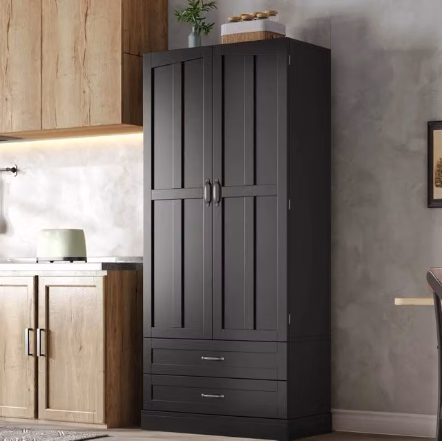 Credenza alta da cucina MDF 180x80x37;5 cm nera con 3 ripiani estraibili e 2 cassetti