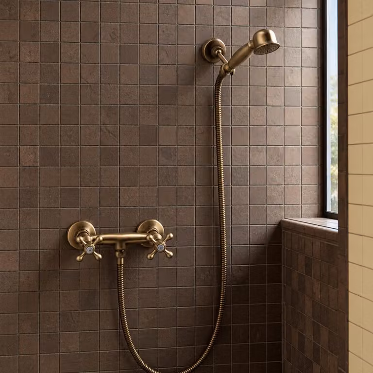 Miscelatore per doccia con doccetta manuale, finitura bronzo, modello Heritage Ascot, marca Aquanello