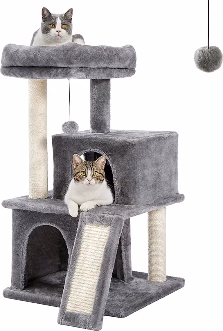 Graffiatoio per gatti con sisal, superficie di appoggio in peluche, casetta con fori, giocattolo per gatti grigio