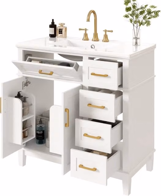 Mobile bagno a terra 90 cm con lavabo integrato in ceramica; bianco e oro