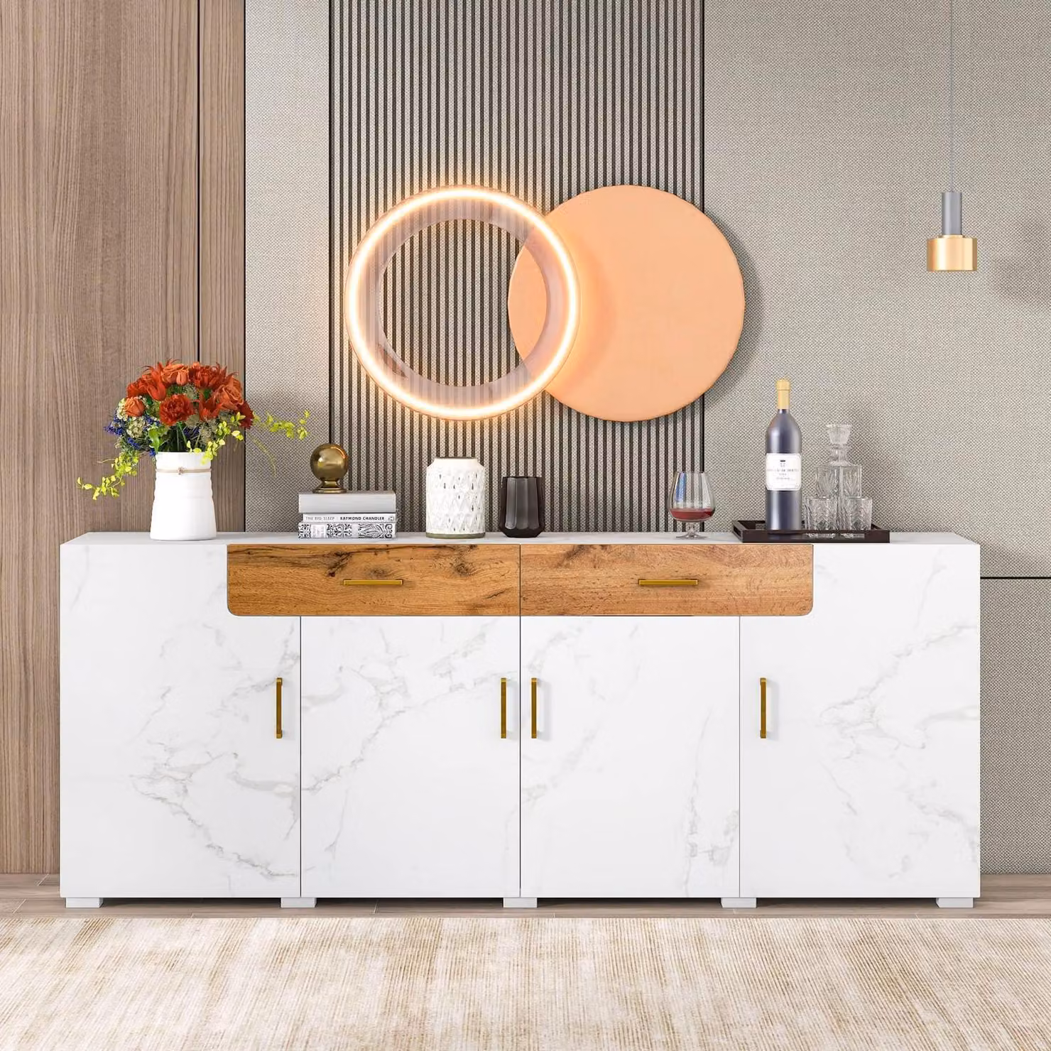 Mobile bar/credenza/comodino con ante a motivo marmorizzato, struttura in legno di quercia e cassetti, dimensioni 208x39,5x80 cm, colore bianco