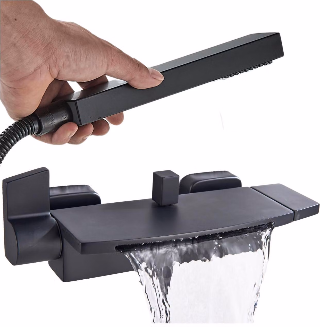 Miscelatore lavabo da bagno a parete Ari, nero opaco, bocca a cascata, cartuccia Vetroceramica, ottone, attacco G1 2, interasse 150 mm