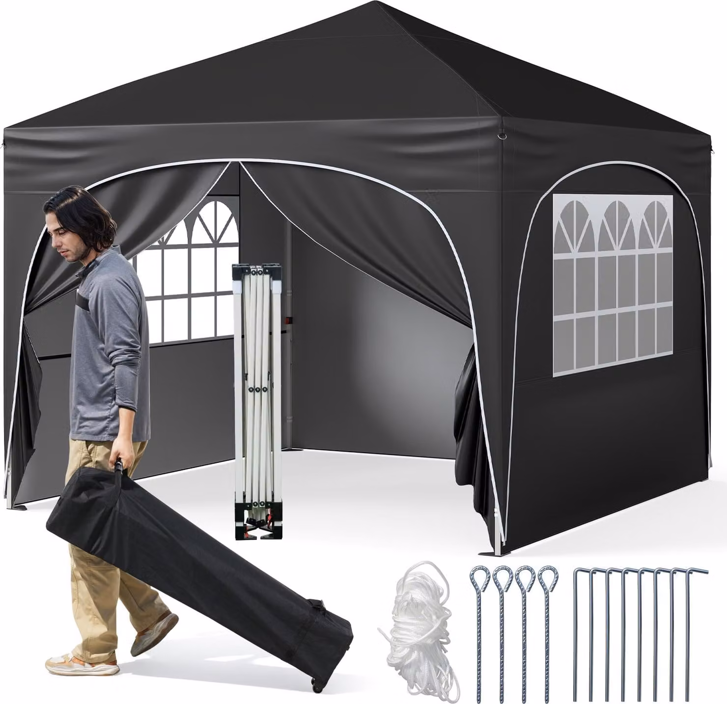 COSTWAY Gazebo pieghevole 3x3 m con 4 pareti laterali rimovibili, gazebo pop-up con protezione UV, idrorepellente, tenda da giardino, gazebo da giardino con borsa, nero