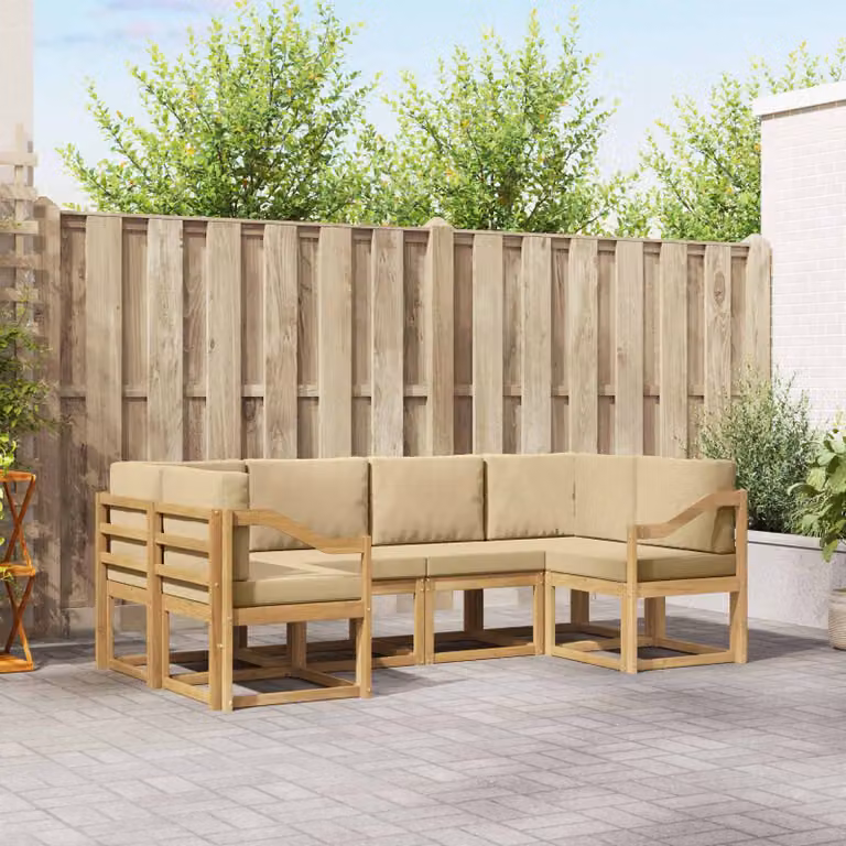 Set di divani da esterno vidaXL a forma di L composto da 6 pezzi in legno di acacia con cuscini in bianco, beige e marrone