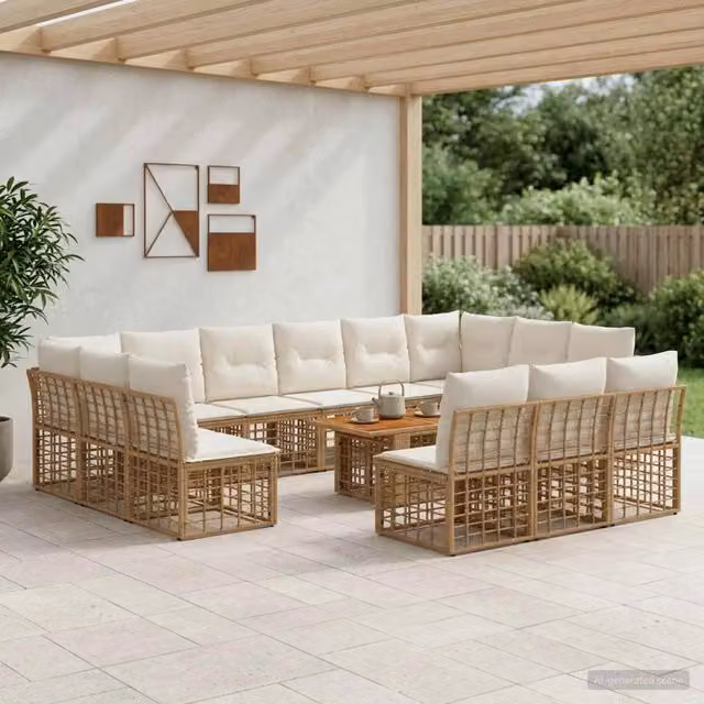 Set Divano da Giardino a L con Polyrattan e Cuscini vidaXL, Colore Naturale e Bianco Crema, 14 Pezzi – 1