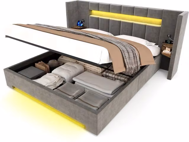 Letto contenitore matrimoniale moderno in tessuto velvet grigio con illuminazione LED, porte USB e vano contenitore con meccanismo idraulico, L/P/H: 180 x 200 x 245 cm