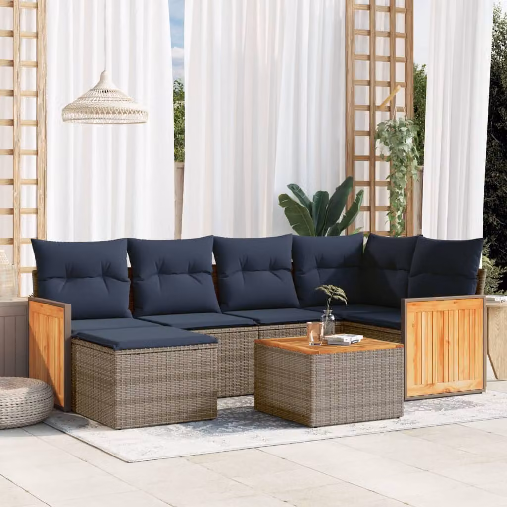 Set di divani da giardino vidaXL in polyrattan 7 pezzi con cuscini grigi e blu per esterno