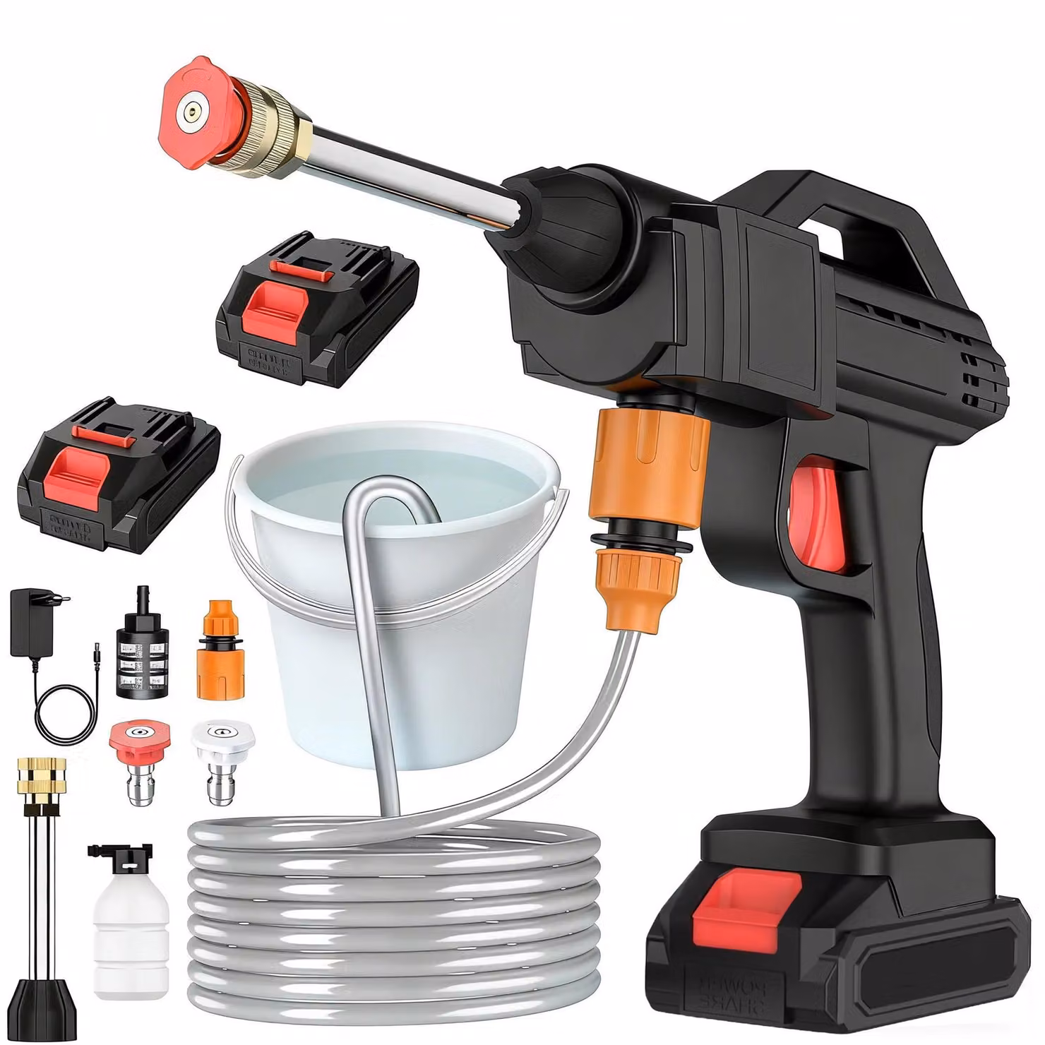 Idropulitrice portatile – Pistola per acqua senza fili per il lavaggio auto – Pressione di 50 bar – Include batteria da 24V – Con tubo per l'acqua – Adatta per auto e uso esterno – Colore: rosso