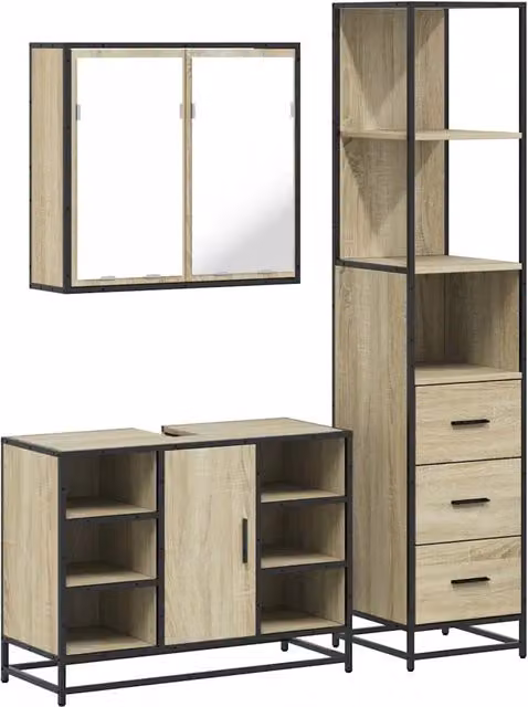 Set Mobili da Bagno Industrial in Legno e Metallo Marrone, Composto da Armadietto Specchio, Mobile Lavabo e Colonna, L/P/H: 65 x 20 x 166 cm