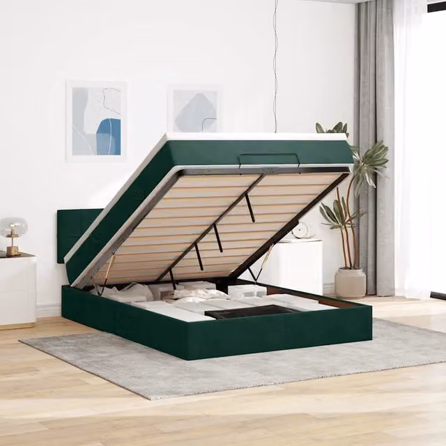 Letto con contenitore a sollevamento vidaXL in velluto verde e bianco con materasso, L/P/H: 200 x 140 x 88 cm
