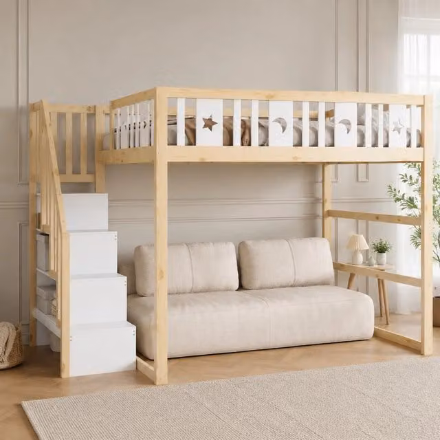Letto a soppalco per bambini 140x200 cm con scala; mensole integrate e motivi luna e stelle; naturale e bianco