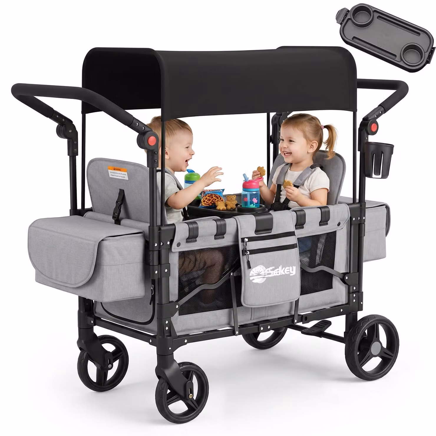 Carrello pieghevole Sekey con tettuccio, modalità gemellare, passeggino a due posti con 2 sistemi di cinture a 5 punti, grigio