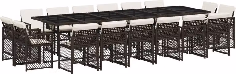 Set da Pranzo da Giardino 17 pz con Cuscini Marrone Polyrattan