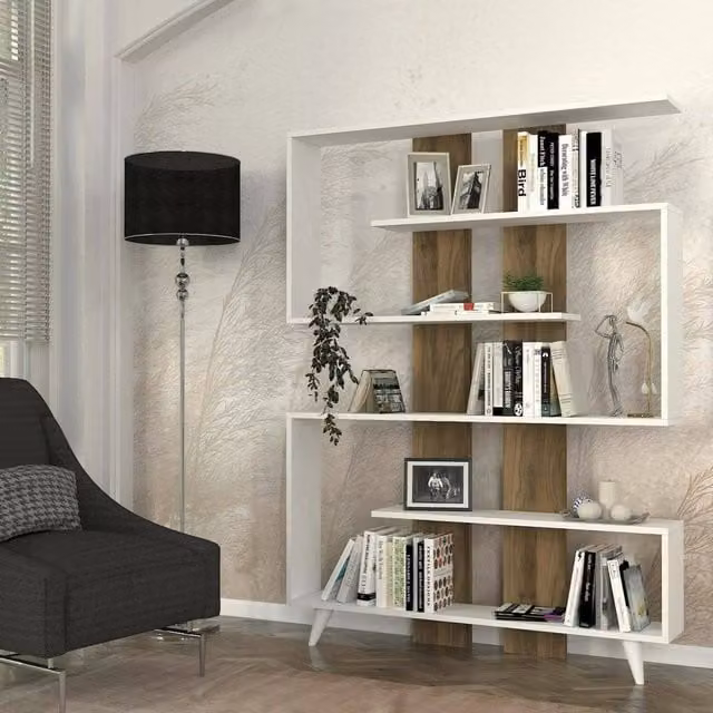 Libreria Spodumene DMORA, Scaffale Moderno da Ufficio o Soggiorno, Bianco e Marrone, L: 120 cm, P: 20 cm, H: 162 cm