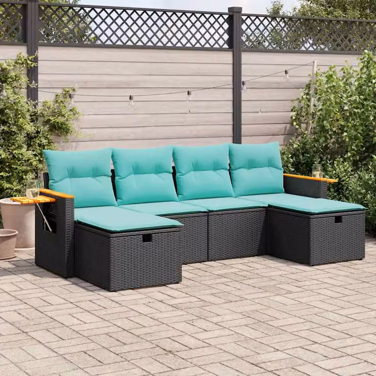 Set Divano da Giardino a L vidaXL in Polyrattan Nero con 6 Cuscini e Ottoman