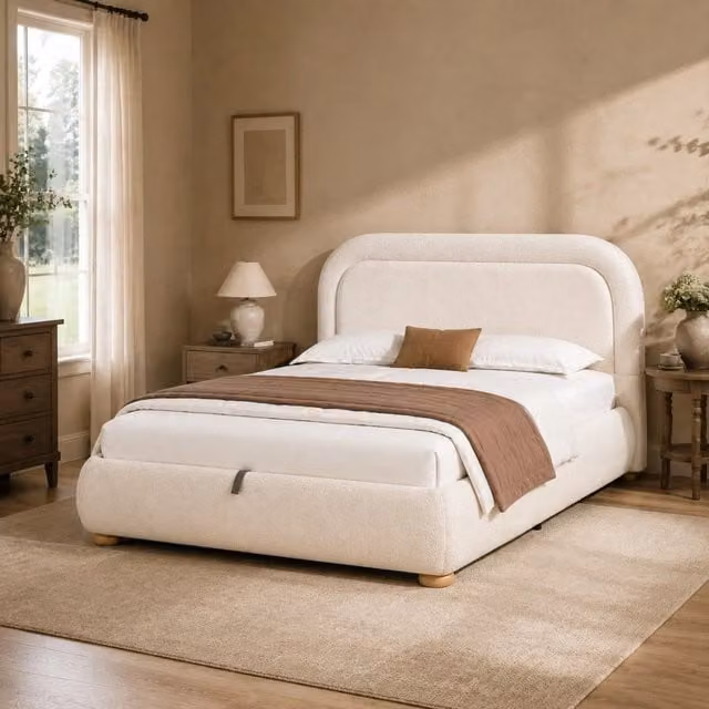 Letto matrimoniale 140 x 190 cm con contenitore idraulico; rete a doghe e testiera in bouclé beige
