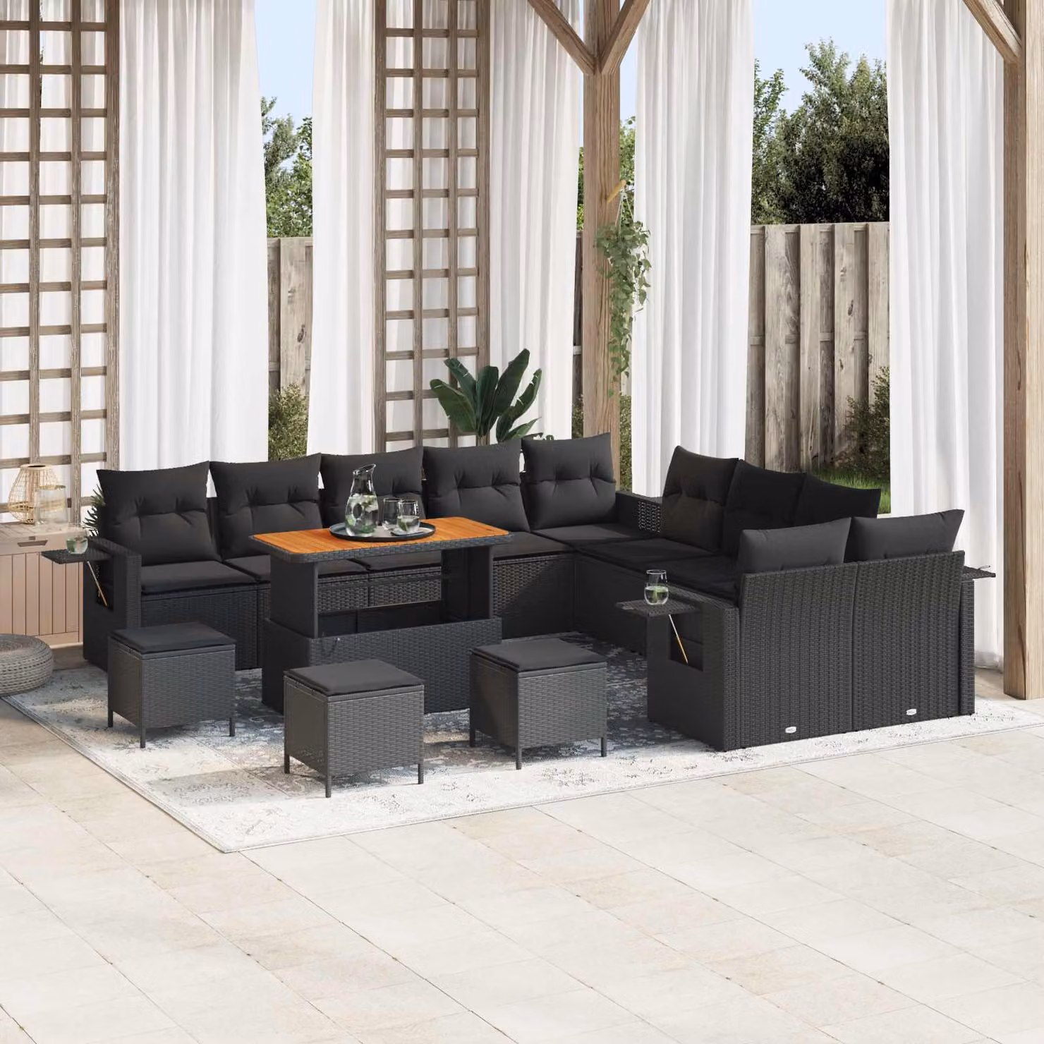 Set Divano da Giardino vidaXL a forma a U composto da 14 pezzi in rattan nero con cuscini e tavolino da esterno – 1