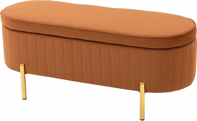 HOMCOM Panca Contenitore Ovale da 72L con Coperchio Sollevabile, in Tessuto Vellutato e Legno, 107x42x45.5 cm, Marrone Dorato   Aosom Italy