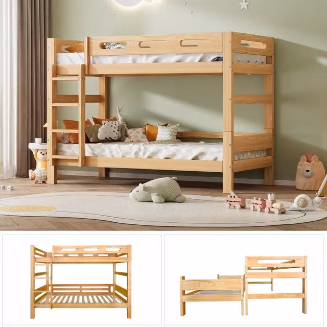 Letto a castello divisibile in due letti singoli 90x200 cm; struttura in pino e MDF; finitura naturale
