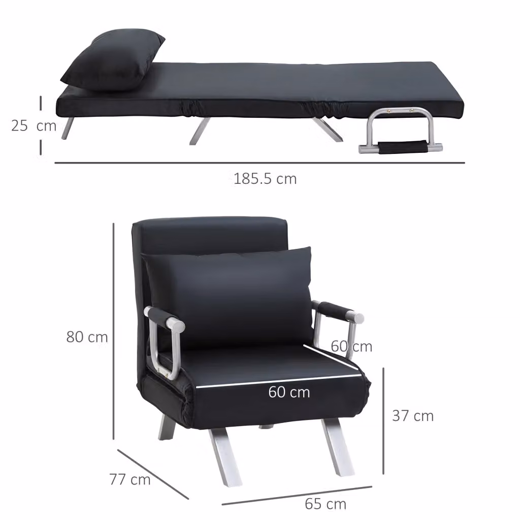 Divano letto 2 in 1 WISHDOR con schienale reclinabile a 5 posizioni, struttura in metallo e rivestimento in poliestere, nero – 2