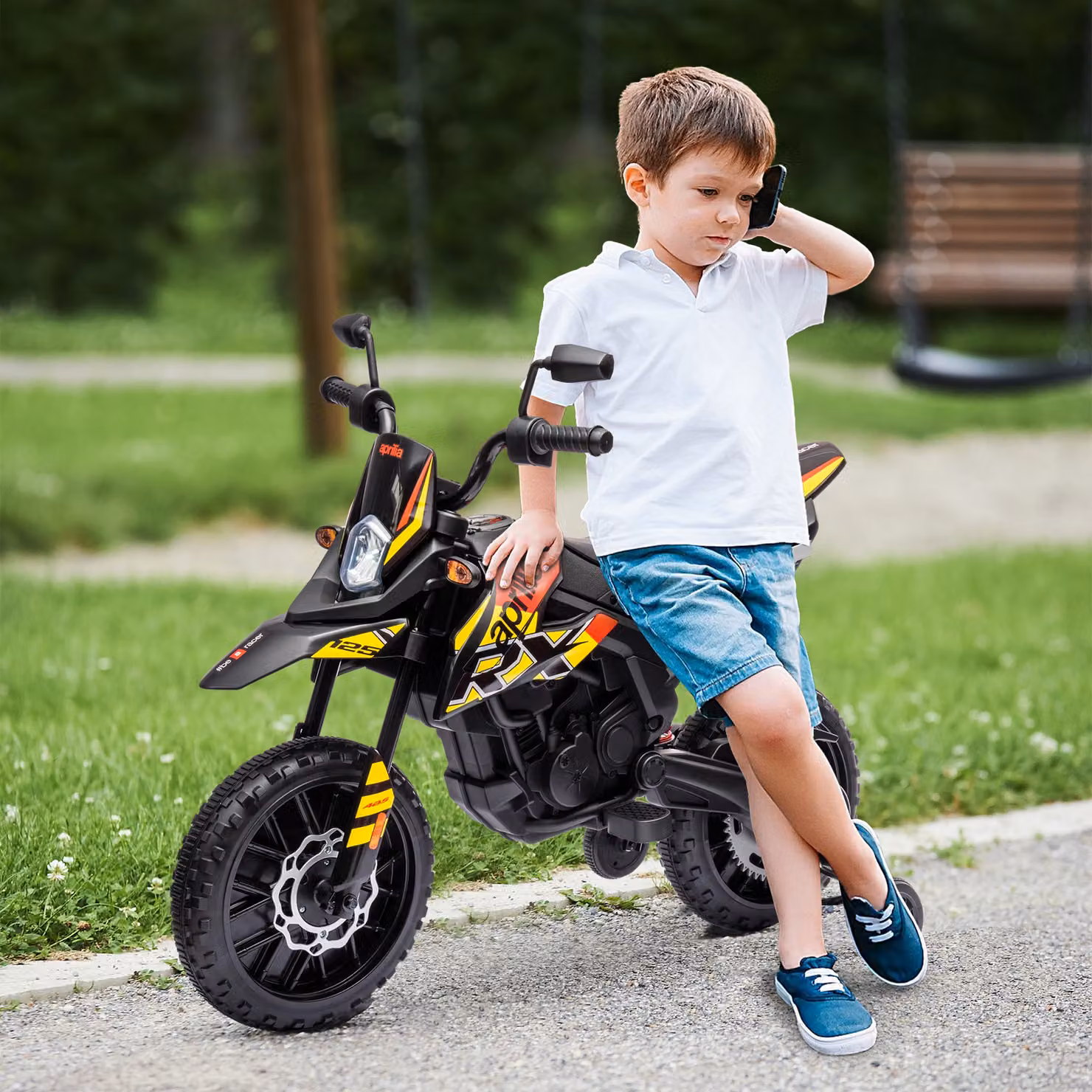 Moto Elettrica AIYAPLAY per Bambini da 37-96 Mesi con 12V Doppi Motori e Rotelle Rimovibili, Giallo – 2
