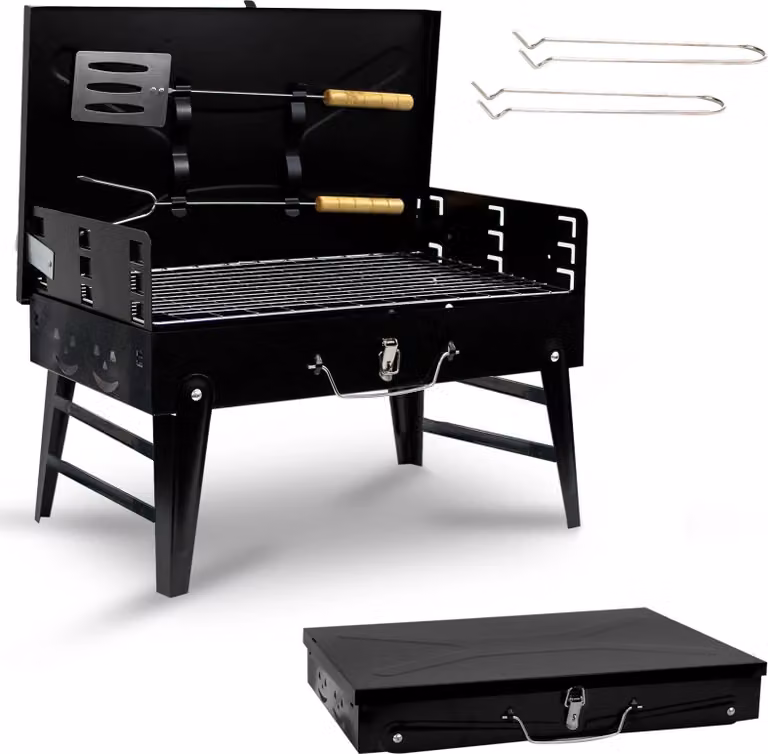 Barbecue a carbonella - Portatile pieghevole Mini - Ferro - Con posate da barbecue - Per campeggio e picnic - Senza accenditore - Nero
