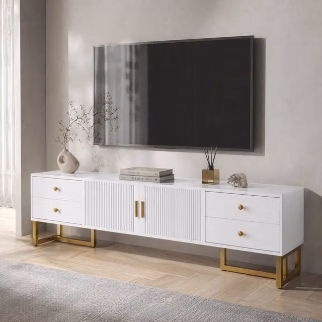 Mobile TV ULEVR 175x30x46 cm con 4 cassetti e 2 ante, MDF bianco con piedi dorati