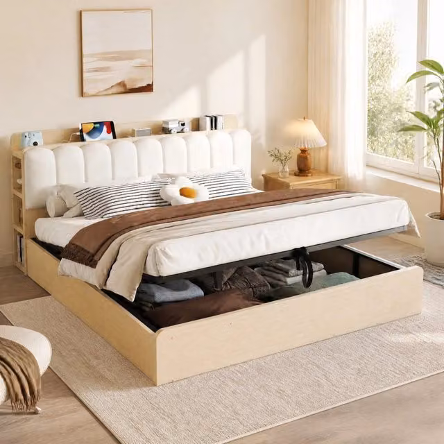 Letto matrimoniale MODFU con contenitore e base a sollevamento, testiera imbottita in tessuto beige con porta USB, luce da lettura e mensola integrata, legno naturale, 180x200 cm