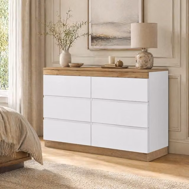 Cassettiera classica bianca e effetto rovere con 6 cassetti