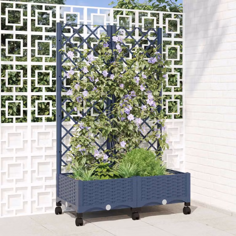 vidaXL Vaso da giardino con grigliato e ruote in plastica Blu Grigio