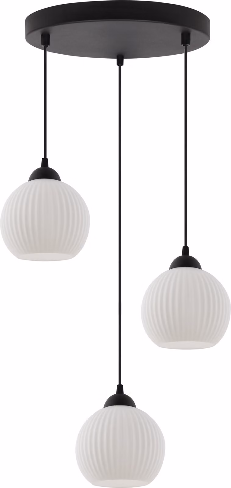 Lampada a sospensione Riffle nera a 3 luci con paralumi a sfera bianchi E27