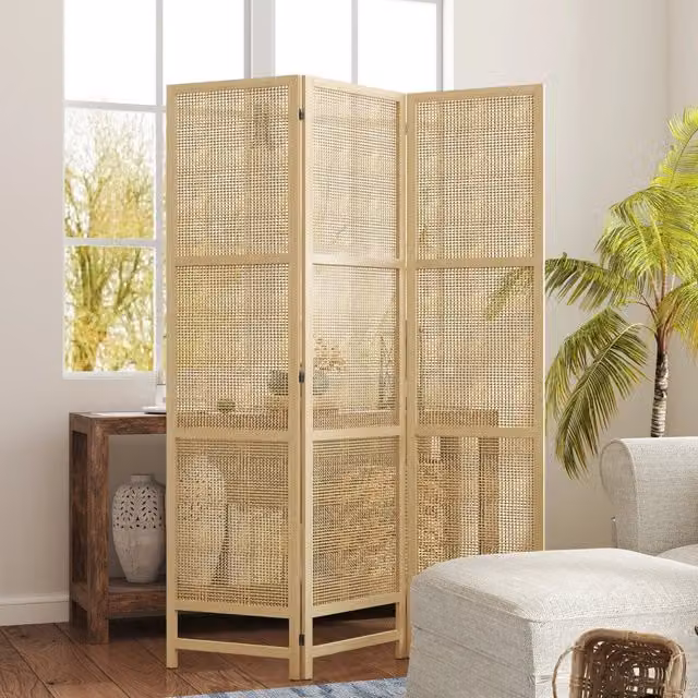 Paravento REDOM in rattan e legno di pino beige, set da 3 pezzi pieghevole, L/P/H: 180 x 135 x 45 cm