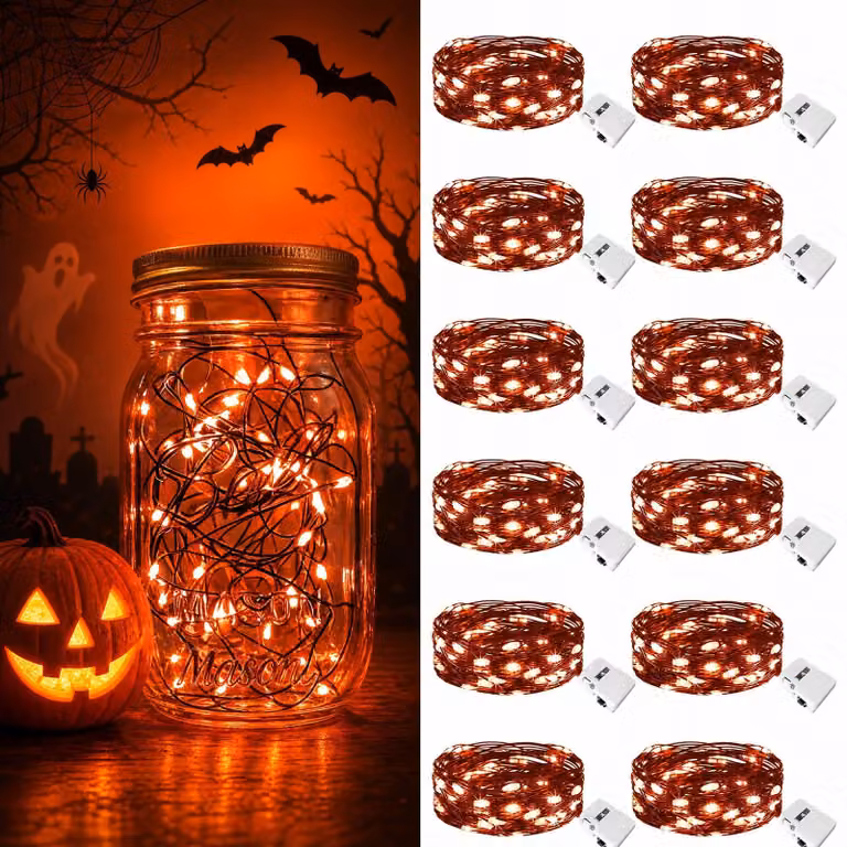 Catena luminosa, set da 12, lunghezza 2 metri, 20 LED, 3 modalità, alimentazione a batteria, colore arancione