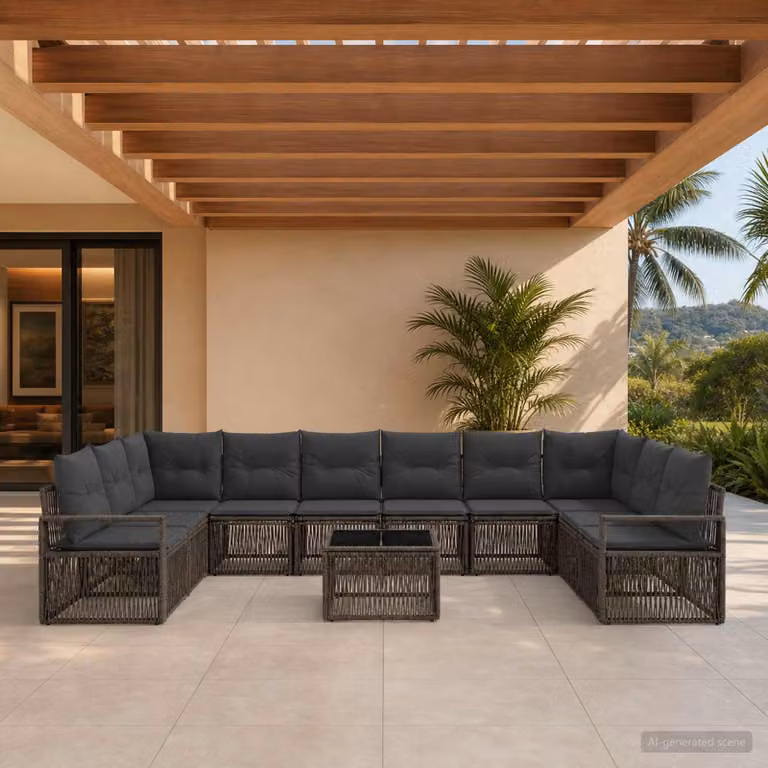 Set Divano da Giardino vidaXL 11 Pezzi in Polyrattan Grigio con Tavolino e Cuscini