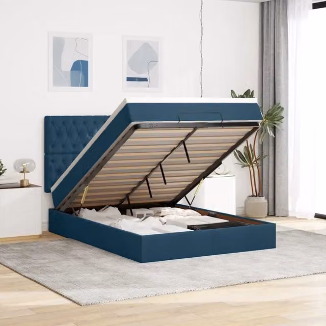 Letto con contenitore a sollevamento vidaXL in velluto blu e bianco con illuminazione sottostante e porte USB, L/P/H: 193 x 144 x 128 cm – 1