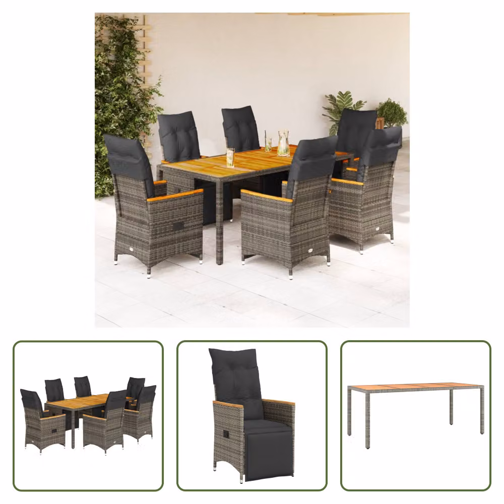 The Living Store Set bistrot da giardino 7 pezzi con cuscini in poly rattan grigio